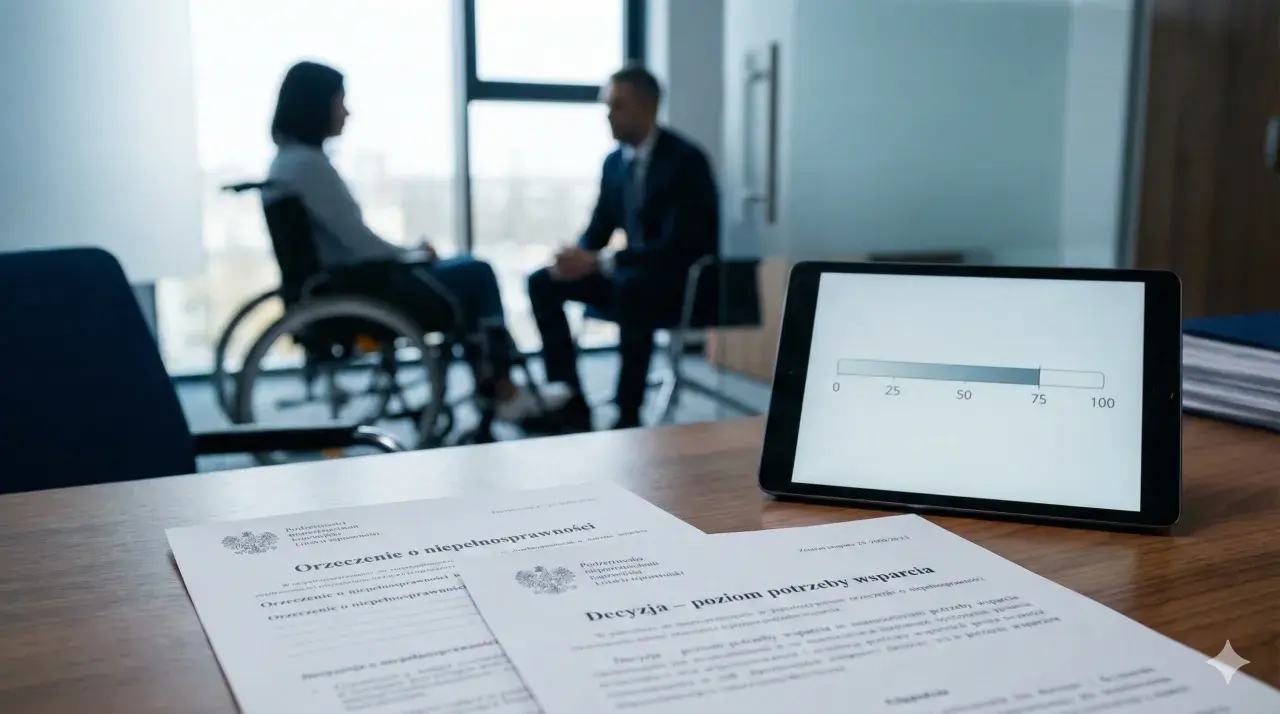 Kobieta na wózku inwalidzkim rozmawia z mężczyzną. Na stole dokumenty dotyczące orzeczenia o niepełnosprawności i tablet z wykresem. Grupa inwalidzka.