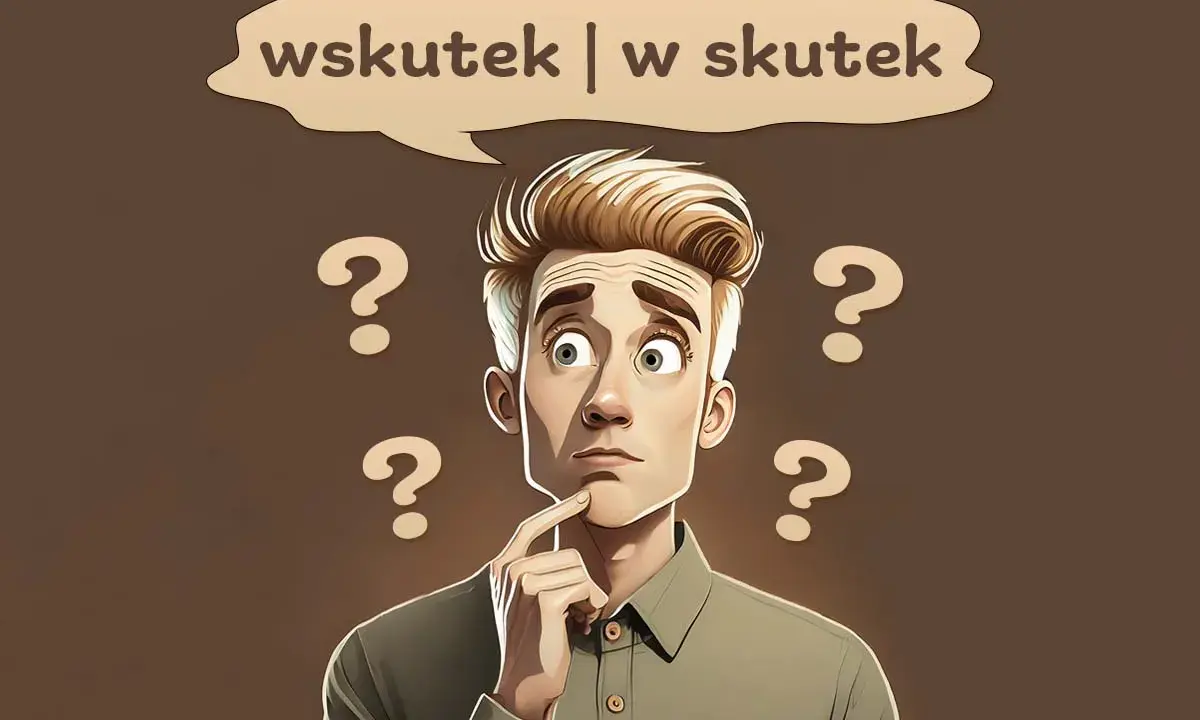 Zastanawiający się mężczyzna otoczony znakami zapytania, myślący, czy użyć "wskutek", czy "w skutek".