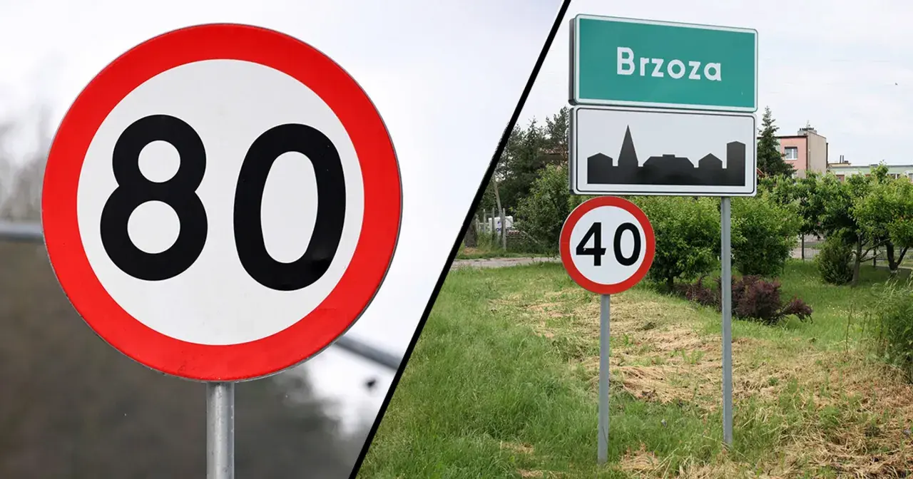 Znak 80 km/h po lewej, a po prawej znak miejscowości Brzoza z ograniczeniem do 40 km/h. Czy niedługo czy nie długo, trzeba zwolnić.