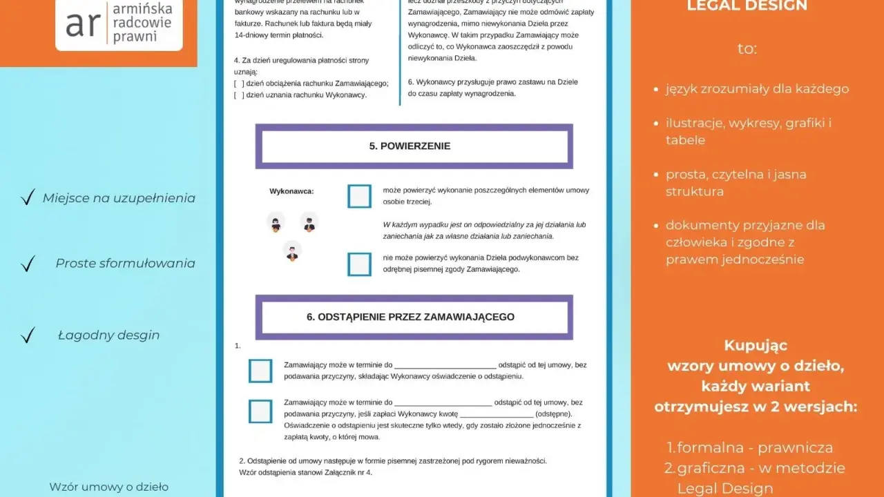 Wzór umowy o dzieło w wersji Legal Design: przejrzyste zasady, miejsce na uzupełnienia i łagodny design.