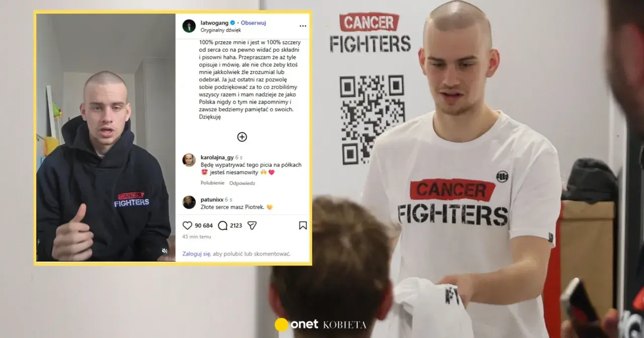 Młody mężczyzna w czarnej bluzie z napisem "Cancer Fighters" i białej koszulce z tym samym hasłem. To jego orginał, szczery przekaz.