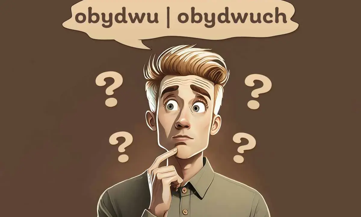 Zamyślony mężczyzna z pytajnikami wokół głowy zastanawia się, czy użyć formy "obydwu" czy "obydwóch".