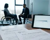 Kobieta na wózku inwalidzkim rozmawia z mężczyzną. Na stole dokumenty dotyczące orzeczenia o niepełnosprawności i tablet z wykresem. Grupa inwalidzka.