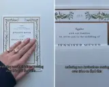 Elegancki zaproszenie wzór na ślub z motywem roślinnym i złotymi zdobieniami.