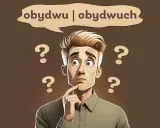 Zamyślony mężczyzna z pytajnikami wokół głowy zastanawia się, czy użyć formy "obydwu" czy "obydwóch".