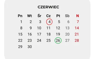 Kalendarz Czerwiec 2026. 26 czerwca zaznaczone zieloną obwódką, symbolizujące zakończenie roku szkolnego 2026.