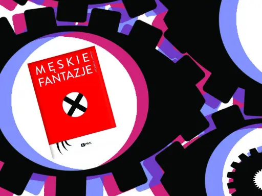 Czerwona okładka książki "Męskie fantazje" z symbolem krzyża w okręgu, otoczona przez czarne koła zębate z kolorowymi wstawkami. To nie jest zwykła inwektywa, to prowokacja.