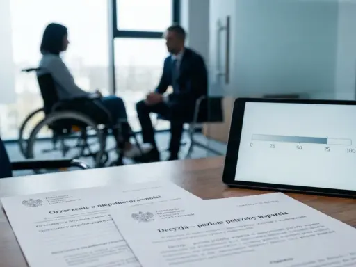 Kobieta na wózku inwalidzkim rozmawia z mężczyzną. Na stole dokumenty dotyczące orzeczenia o niepełnosprawności i tablet z wykresem. Grupa inwalidzka.