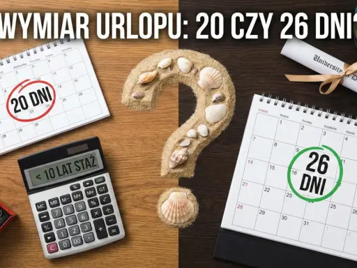 Kalendarz z zaznaczonymi 20 i 26 dniami urlopu, kalkulator stażu pracy i piasek z muszlami. Czy przysługuje Ci 26 dni urlopu?