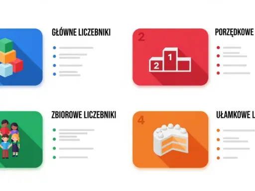Cztery kategorie liczebników: główne (klocki), porządkowe (podium z 1 i 2), zbiorowe (grupa ludzi) i ułamkowe (tort).