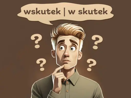 Zastanawiający się mężczyzna otoczony znakami zapytania, myślący, czy użyć "wskutek", czy "w skutek".