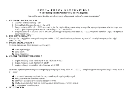 Ocena pracy nauczyciela początkującego: kryteria prawne, kto podlega ocenie, skala (wyróżniająca, dobra, negatywna) i przedmiot oceny.
