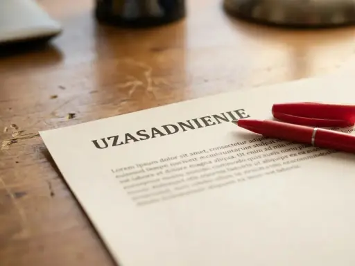 Czerwony długopis leży obok dokumentu z nagłówkiem "UZASADNIENIE". Może to być kluczowy dokument, który wymaga przemyślenia przed złożeniem wypowiedzenia.
