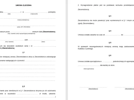 Fragment umowy zlecenia, gdzie zdefiniowany jest zleceniobiorca jako osoba wykonująca zlecone prace i otrzymująca wynagrodzenie.