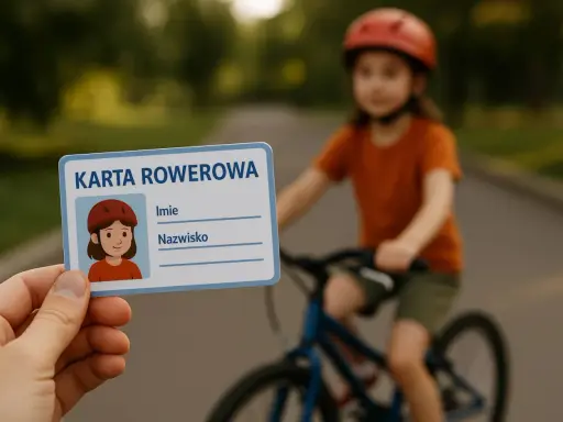 Karta rowerowa od ilu lat? Dziecko w kasku jedzie na rowerze, a ręka trzyma kartę rowerową z rysunkiem dziewczynki.