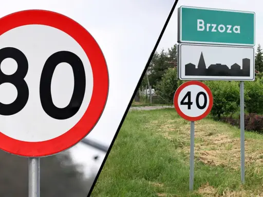 Znak 80 km/h po lewej, a po prawej znak miejscowości Brzoza z ograniczeniem do 40 km/h. Czy niedługo czy nie długo, trzeba zwolnić.