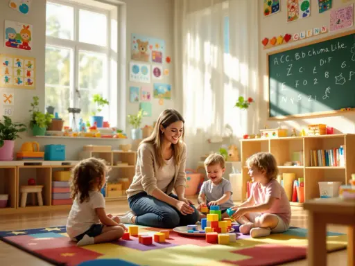 Uśmiechnięta przedszkolanka bawi się klockami z dziećmi. Choć nie wiemy, ile zarabia przedszkolanka, jej praca daje radość.