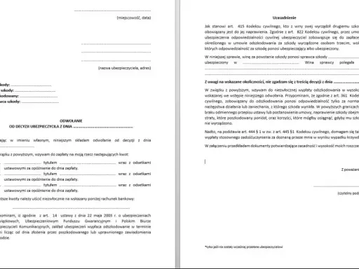 Odwołanie od decyzji ubezpieczyciela, wzywające do zapłaty odszkodowania i zadośćuczynienia. Dokument zawiera uzasadnienie prawne i dane dotyczące szkody.
