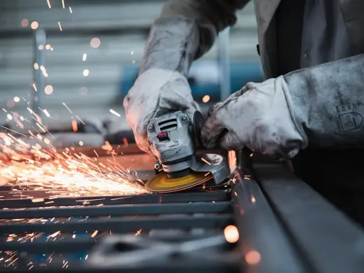 Pracownik w rękawicach szlifuje metal, sypią się iskry. Wypadek przy pracy? Protokół powypadkowy wymaga dokumentacji.