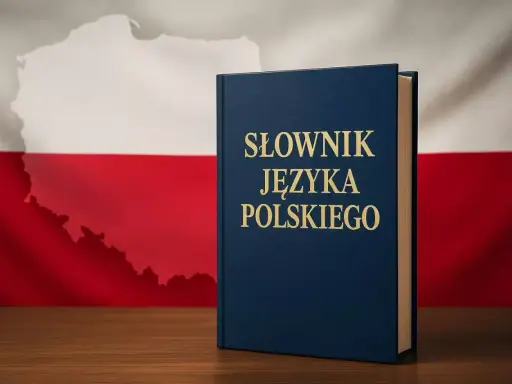 Słownik języka polskiego na tle flagi Polski. Poznaj zasady ortograficzne i wzbogacaj swoje słownictwo.