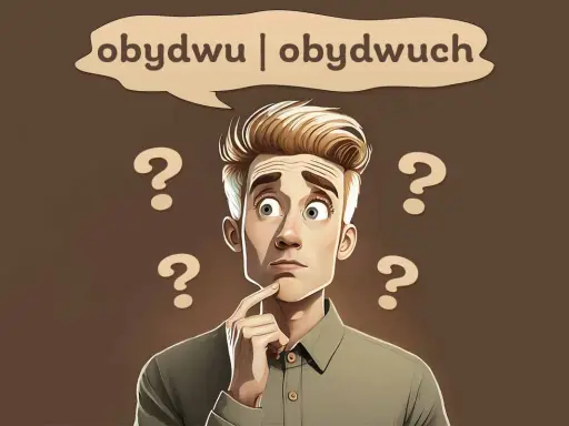 Zamyślony mężczyzna z pytajnikami wokół głowy zastanawia się, czy użyć formy "obydwu" czy "obydwóch".