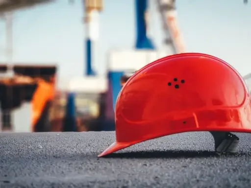 Czerwony kask leży na ziemi. Może to symbolizować wypadek przy pracy, gdy ochrona zawiodła.