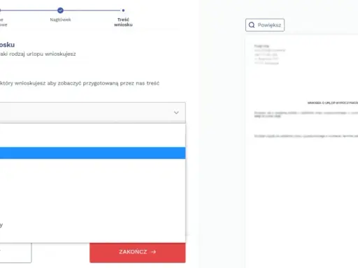 Wybieranie "Urlop rodzicielski" w formularzu wniosku o urlop.