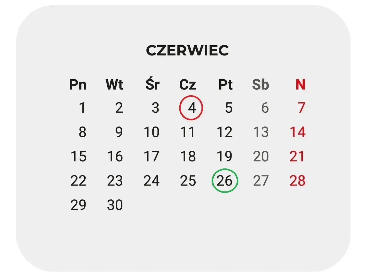Kalendarz Czerwiec 2026. 26 czerwca zaznaczone zieloną obwódką, symbolizujące zakończenie roku szkolnego 2026.
