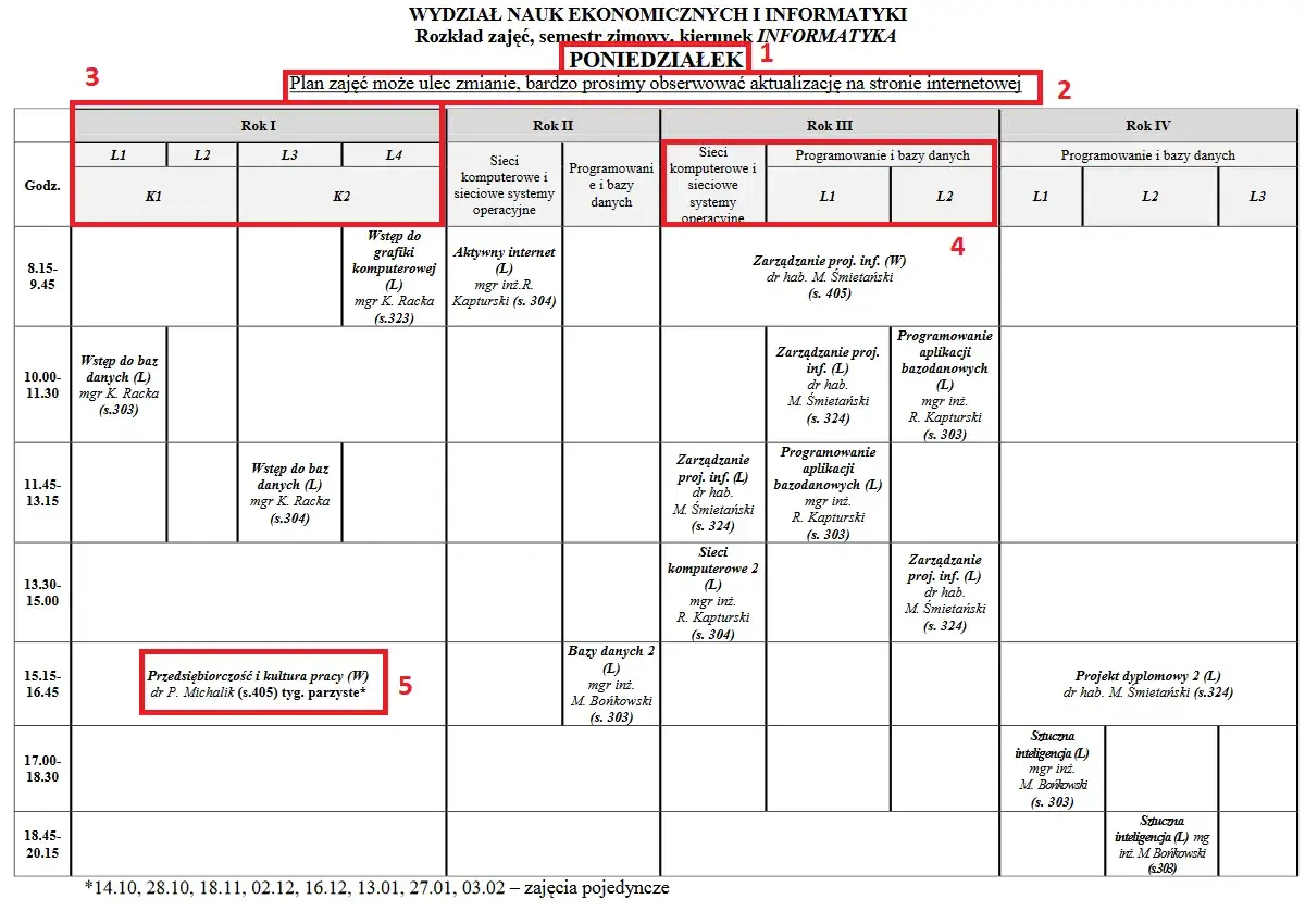 Plan zajęć informatyki na poniedziałek. Zajęcia fakultatywne obejmują m.in. 