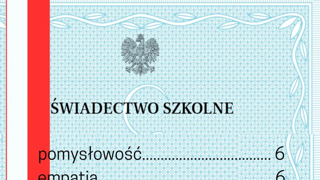 Świadectwo szkolne z godłem Polski. Widoczny pasek z napisem